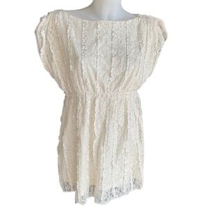 Style & Co Petite Cream Cap Sleeve Sequined Lace Boat Neck Mini Dress Large